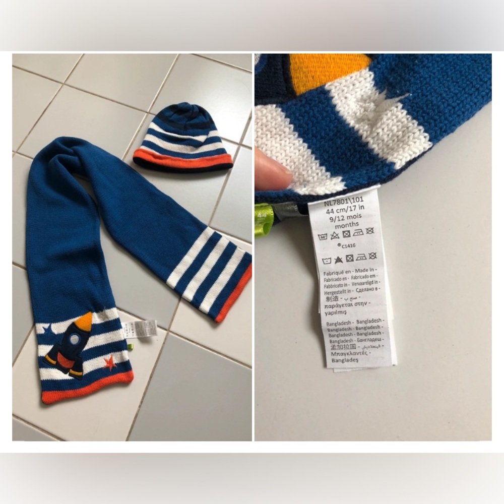 Lot Infant Toddler Cap Hat + Scarf 9/12 Months Shutlle Blue Orchestra Excellent
